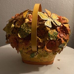 Vintage MCM Saldana toleware tin Colorful Floral Metal Basket Butterfly RARE